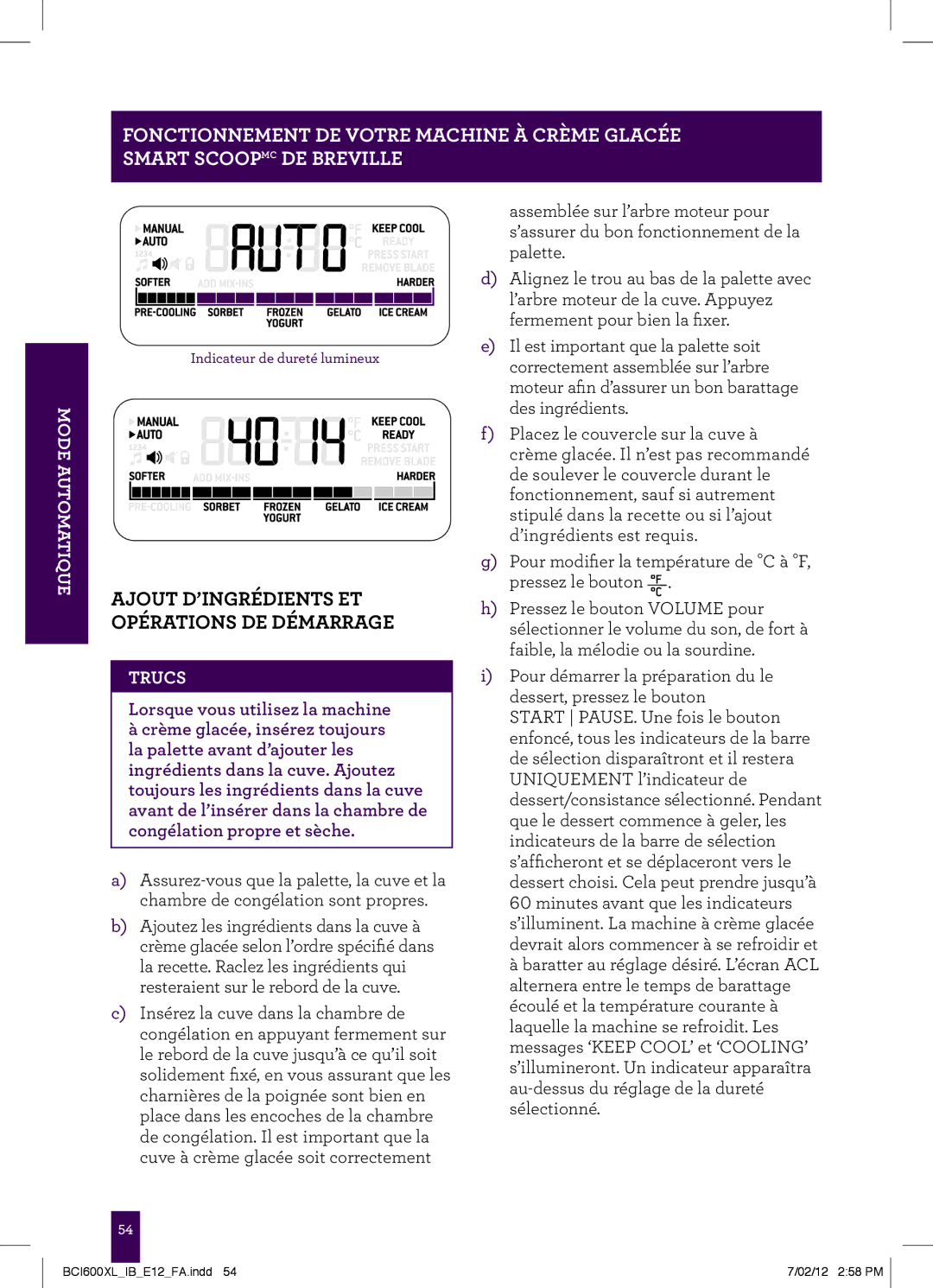 Breville BCI600XL manual Ajout D’INGRÉDIENTS ET Opérations DE Démarrage, Trucs 