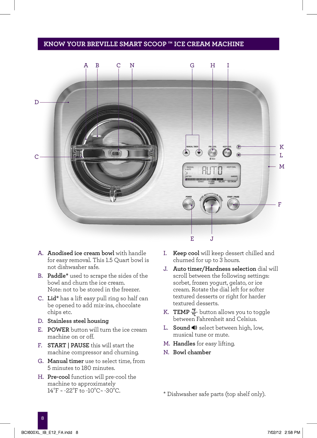 Breville BCI600XL manual Know your Breville Smart Scoop Ice Cream Machine, Stainless steel housing, Bowl chamber 