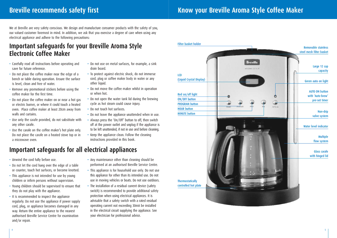 Breville BCM600 manual Important safeguards for all electrical appliances 