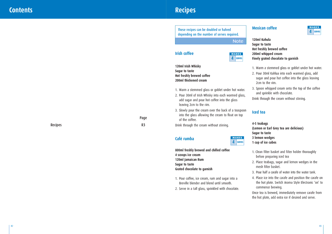 Breville BCM600 manual Contents Recipes 