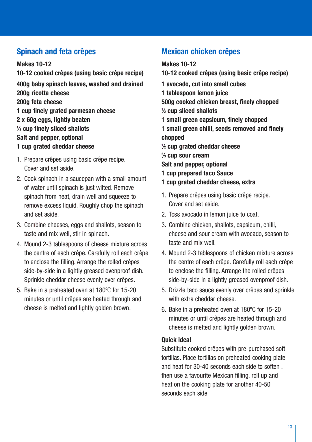 Breville BCP200 manual Spinach and feta crêpes, Mexican chicken crêpes, Cup grated cheddar cheese, Quick idea 