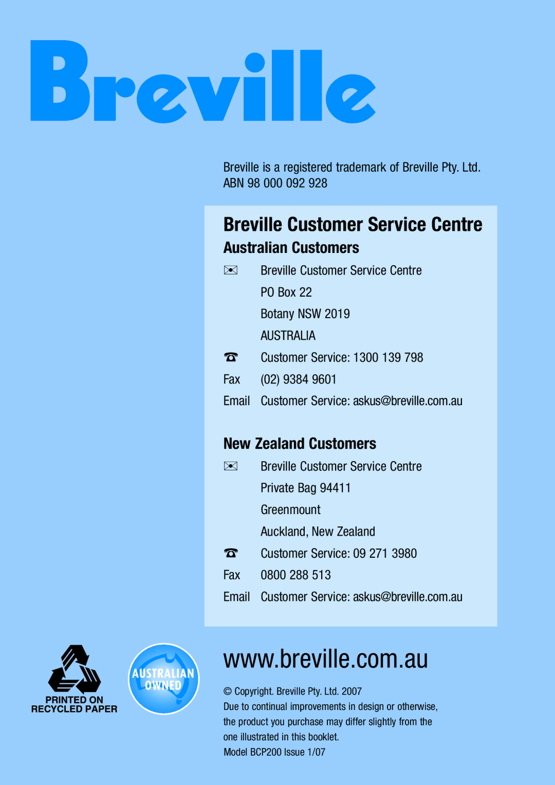 Breville BCP200 manual Breville Customer Service Centre 