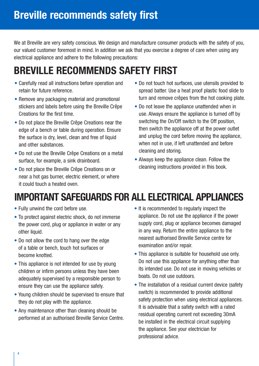 Breville BCP200 manual Breville recommends safety first, Breville Recommends Safety First 