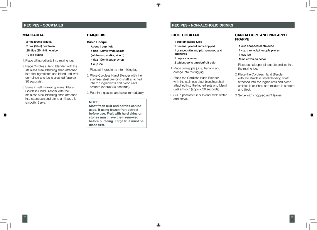 Breville BCS500XL manual Recipes Cocktails Recipes NON-ALCHOLIC Drinks, Margarita, Daiquiris, Fruit Cocktail 