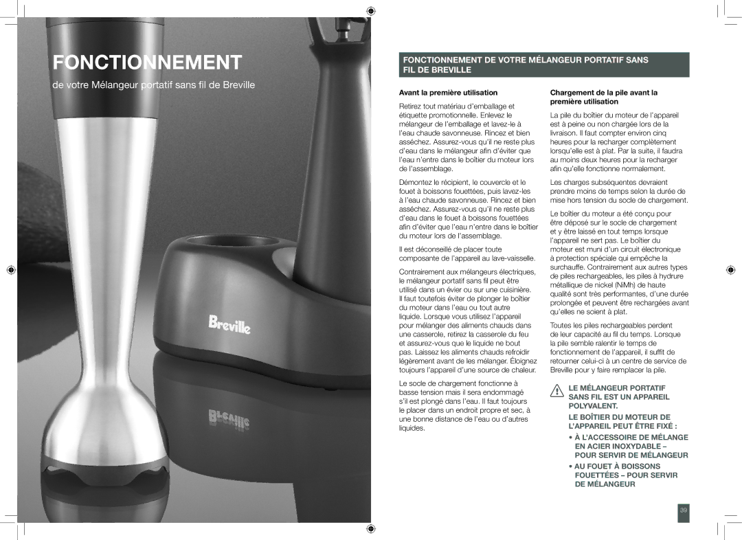 Breville BCS500XL manual Fonctionnement, Avant la première utilisation, Chargement de la pile avant la première utilisation 