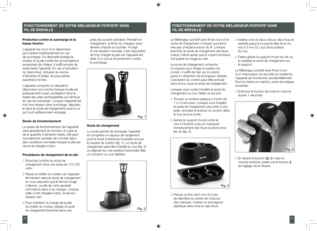 Breville BCS500XL manual Protection contre la surcharge et la basse tension, Durée de fonctionnement, Socle de chargement 