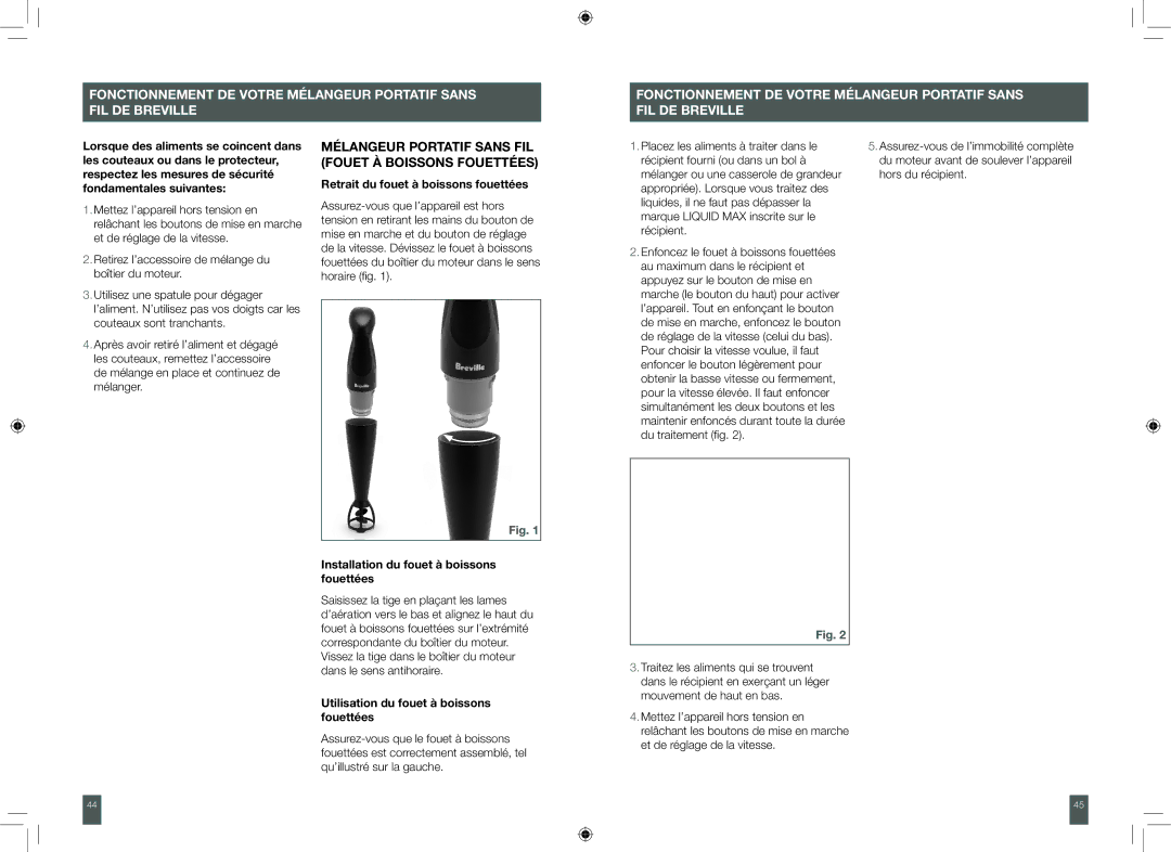 Breville BCS500XL manual Mélangeur portatif sans fil fouet à boissons fouettées, Retrait du fouet à boissons fouettées 