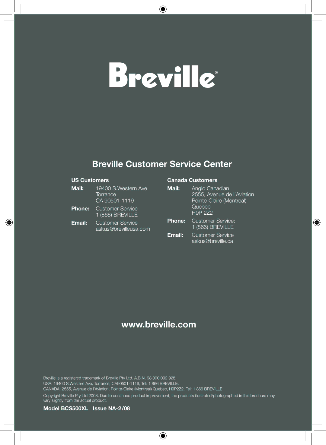 Breville BCS500XL manual Breville Customer Service Center 