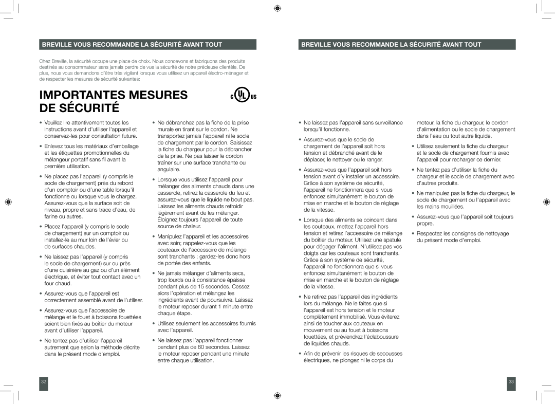 Breville BCS500XL manual Importantes Mesures De Sécurité, Breville Vous Recommande La Sécurité Avant Tout 