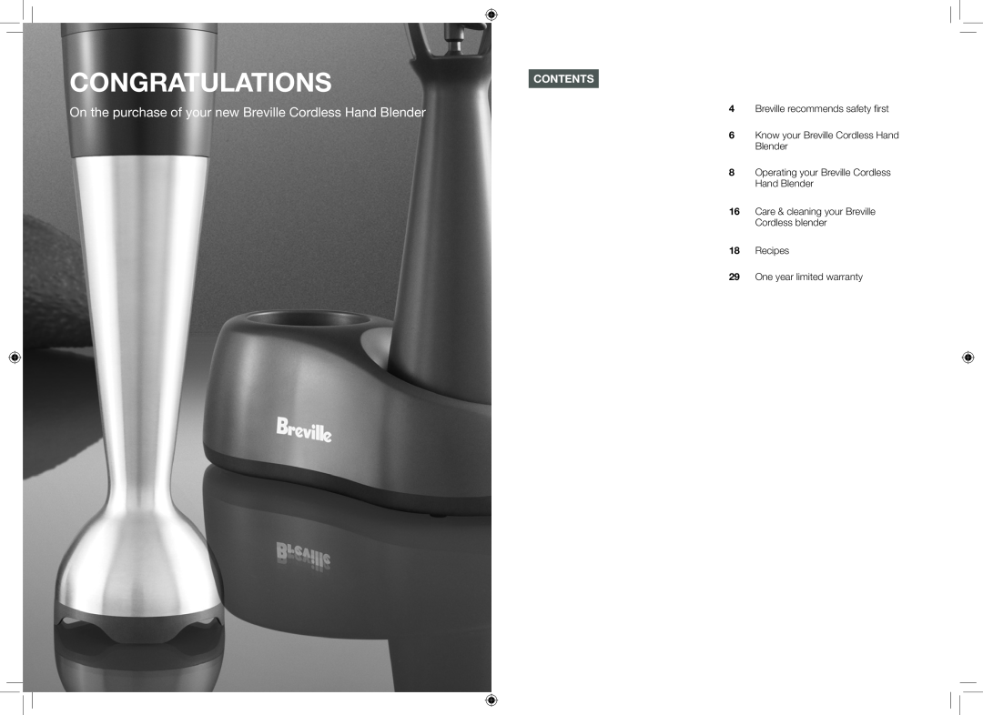Breville BCS500XL manual Congratulationscontents, On the purchase of your new Breville Cordless Hand Blender 