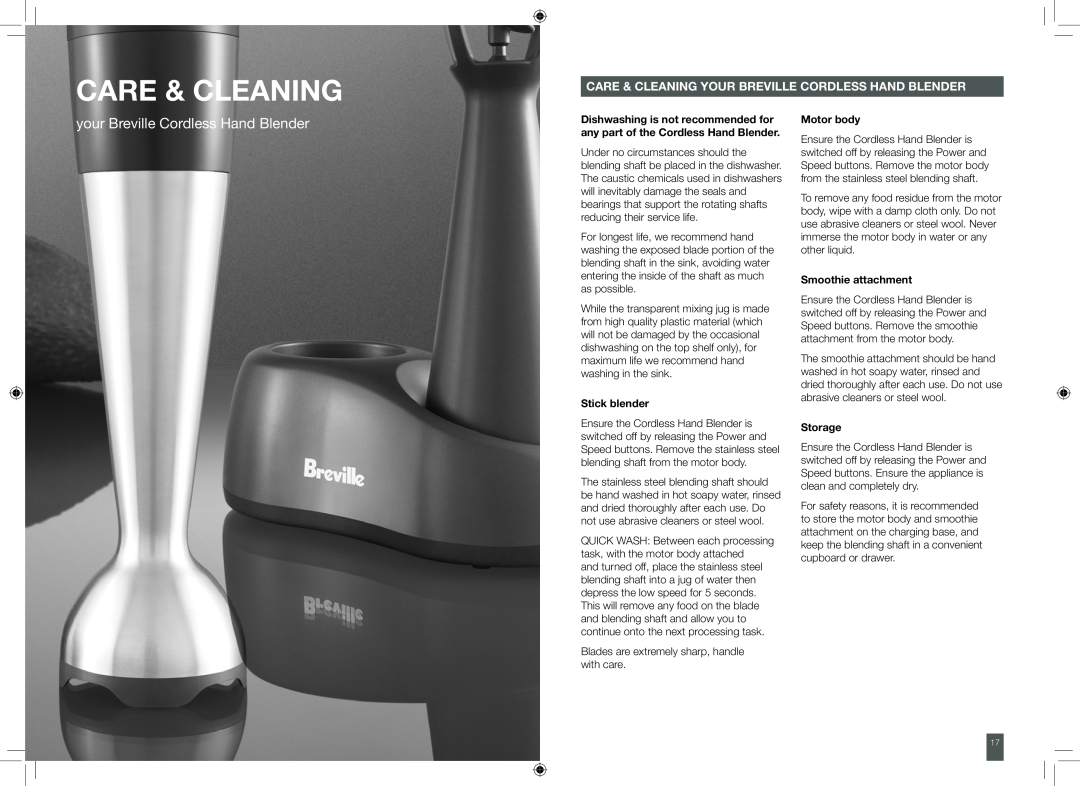Breville BCS500XL Care & Cleaning Your Breville Cordless Hand Blender, Stick blender, Motor body, Smoothie attachment 