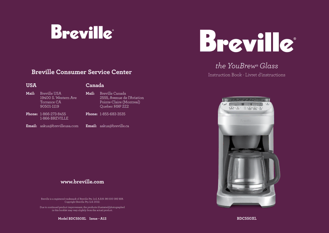 Breville BDC550XL manual Breville Consumer Service Center 