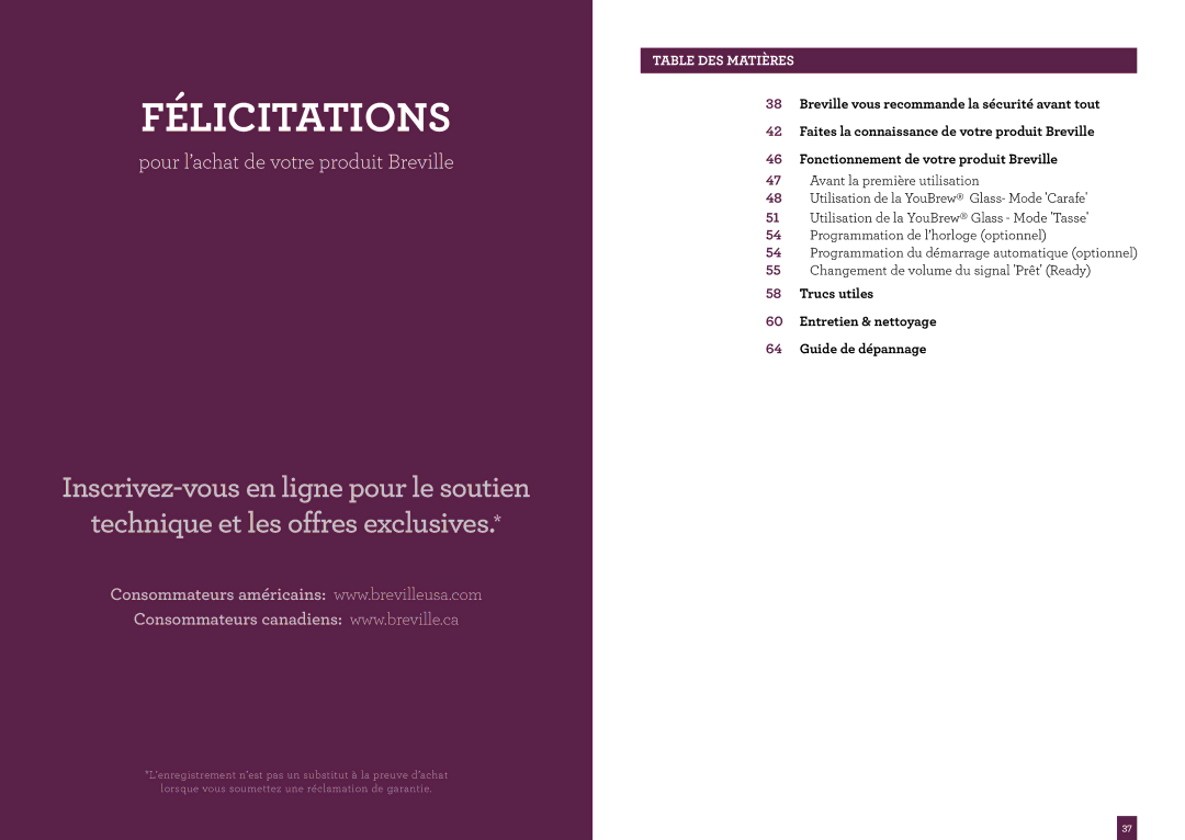 Breville BDC550XL manual Félicitations, Table DES Matières 