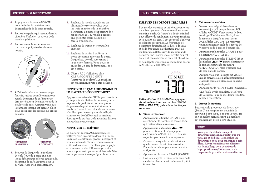 Breville BDC550XL manual Nettoyer LE RAMASSE-GRAINS ET LE Plateau D’ÉGOUTTEMENT, Nettoyer LE Boîtier, Détartrer la machine 