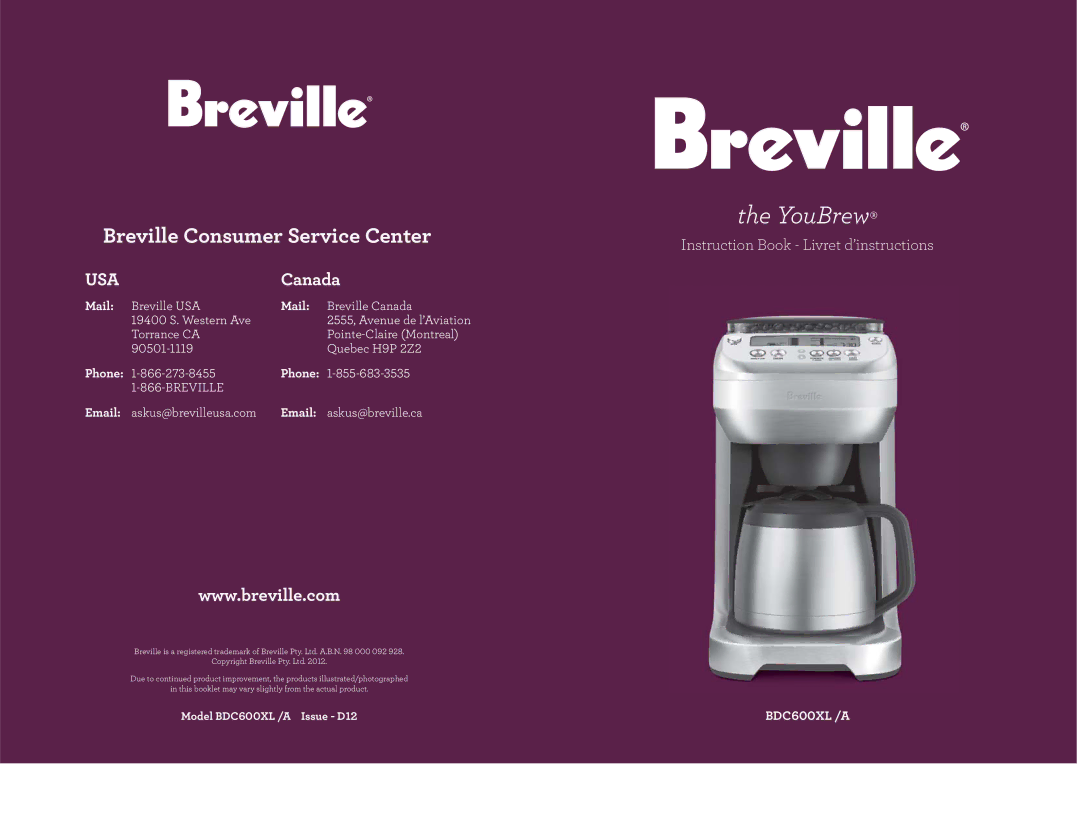 Breville BDC600XL /A manual Breville Consumer Service Center 