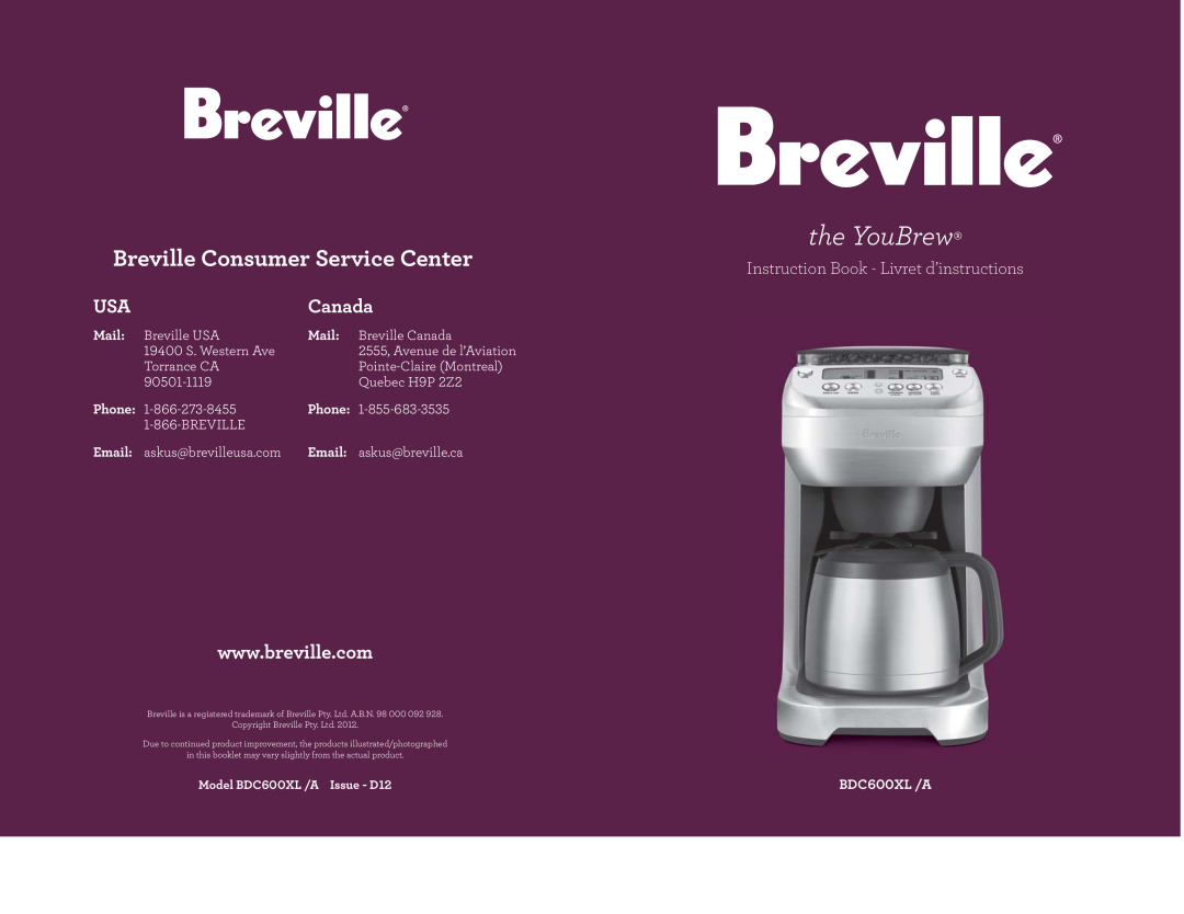 Breville BDC600XL /A manual Mail, Phone, Email, the YouBrew, Breville Consumer Service Center, Canada 
