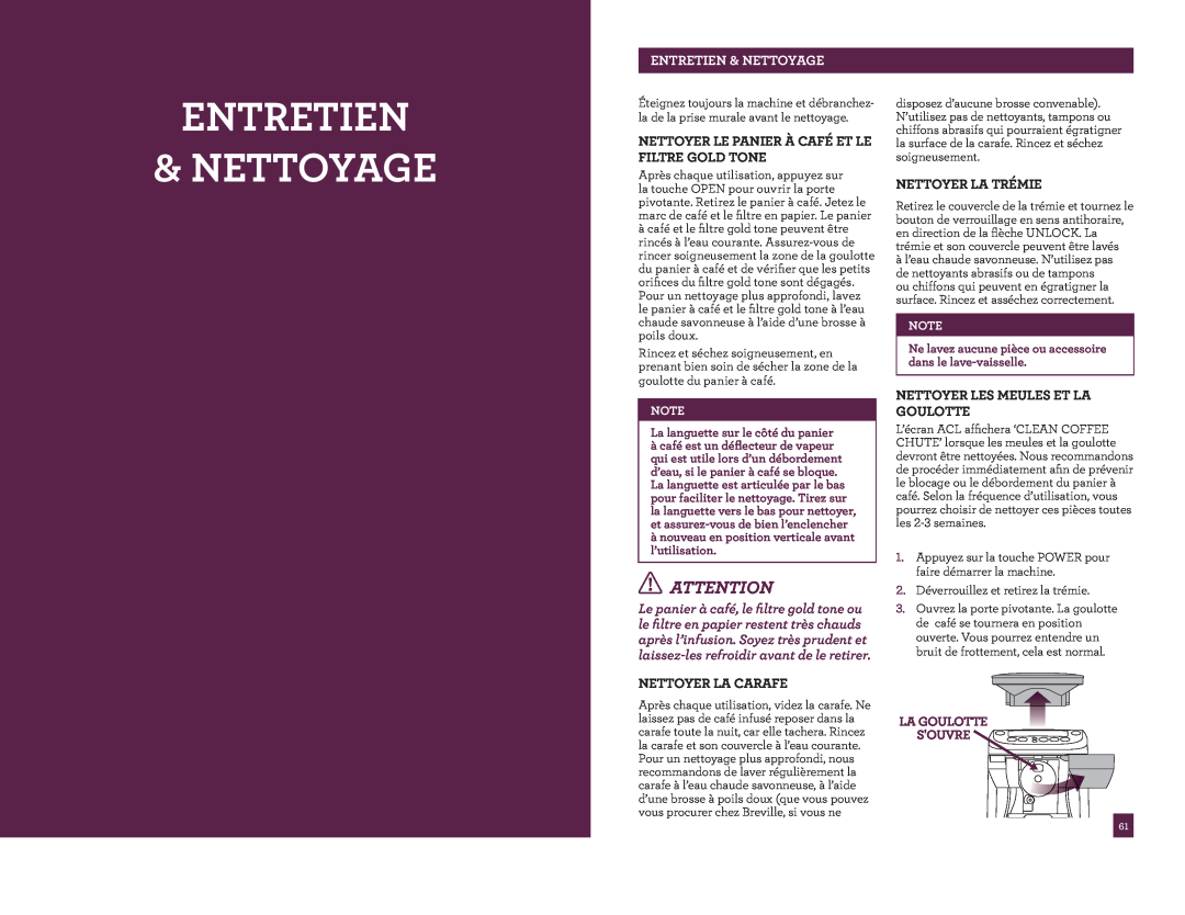 Breville BDC600XL /A manual Entretien Nettoyage, Entretien & Nettoyage, Nettoyer Le Panier À Café Et Le Filtre Gold Tone 