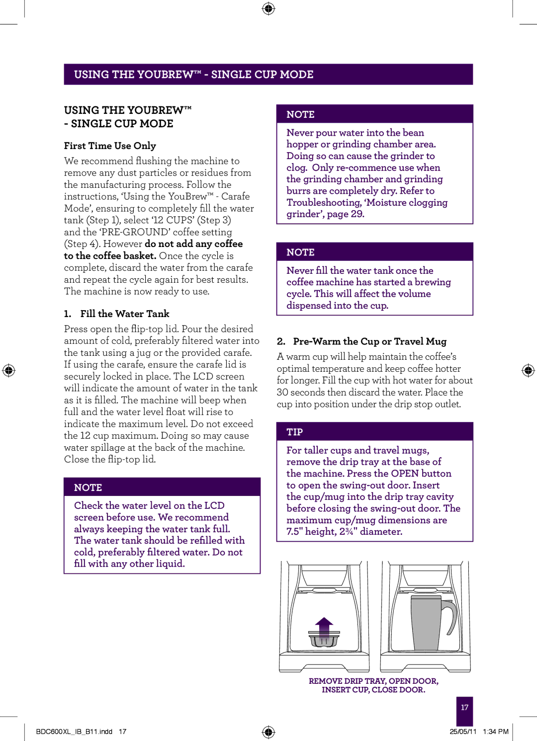 Breville BDC600XL manual Using the Youbrew Single CUP Mode, Pre-Warm the Cup or Travel Mug 
