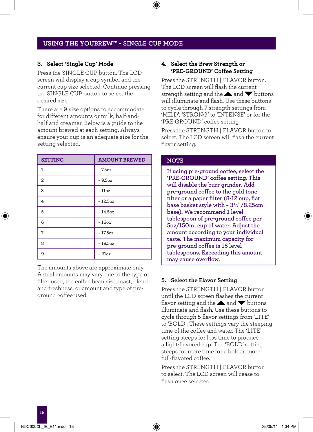 Breville BDC600XL manual Select ‘Single Cup’ Mode, Select the Flavor Setting 