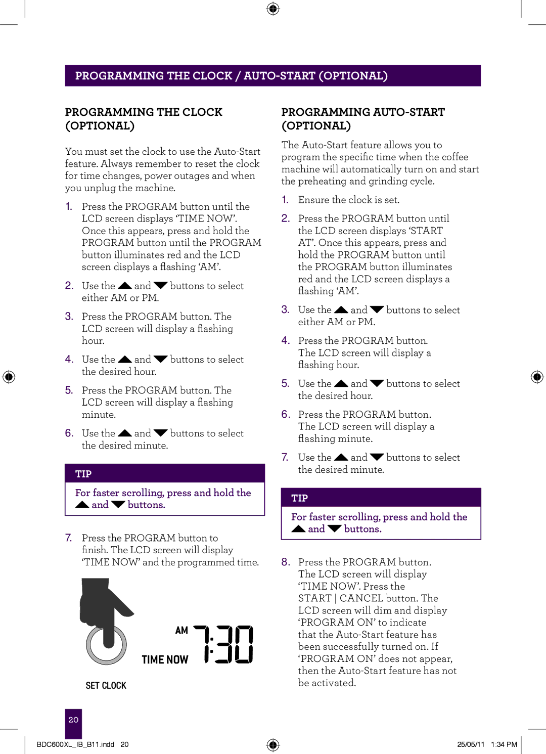Breville BDC600XL manual Programming the Clock Optional, Programming AUTO-START Optional 