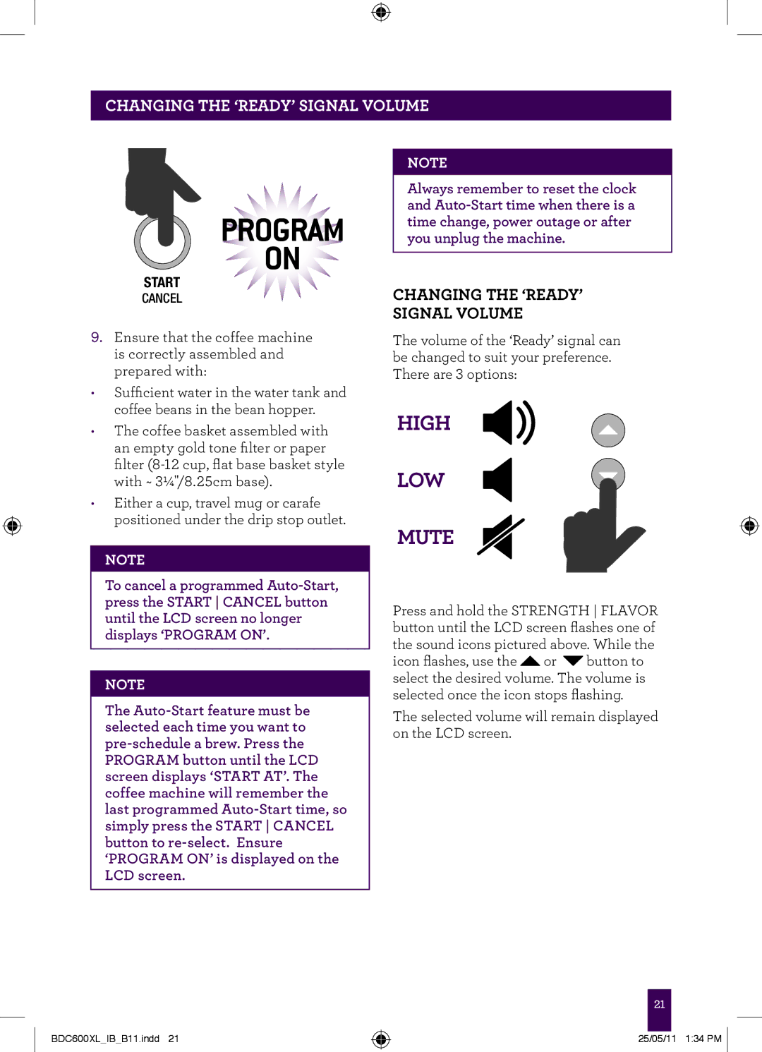 Breville BDC600XL manual Changing the ‘READY’ Signal Volume 