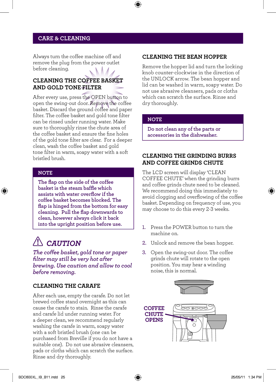 Breville BDC600XL manual Care & Cleaning, Cleaning the Coffee Basket and Gold Tone Filter 