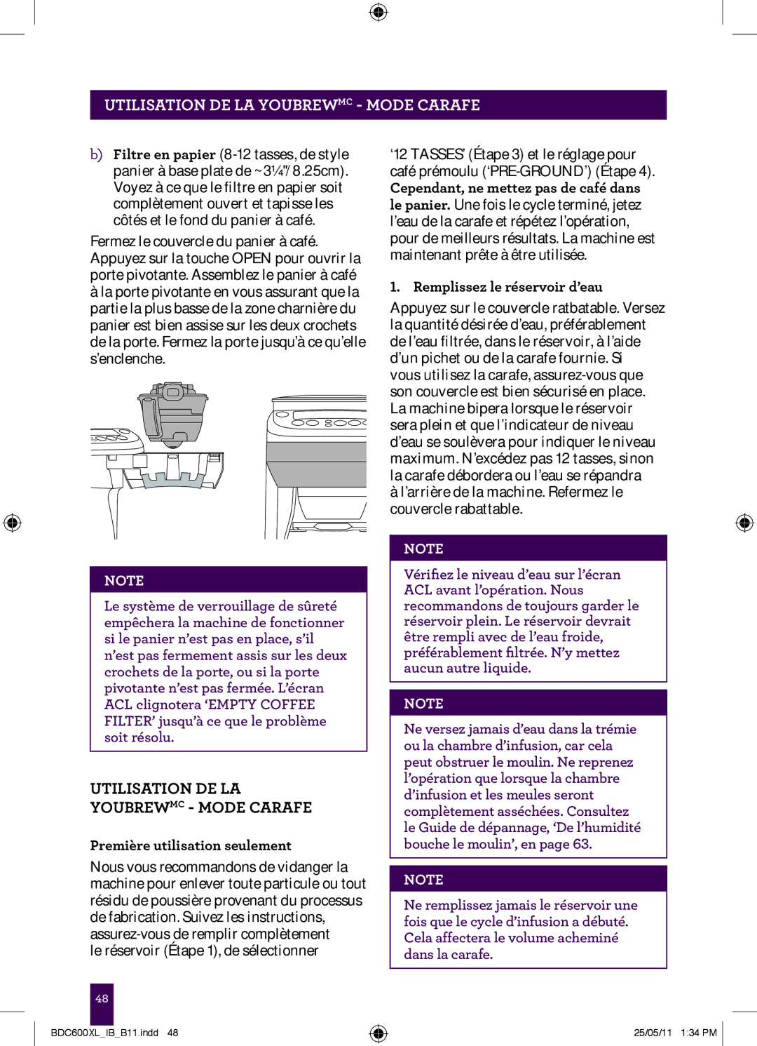 Breville BDC600XL manual Utilisation DE LA Youbrewmc Mode Carafe, Première utilisation seulement 