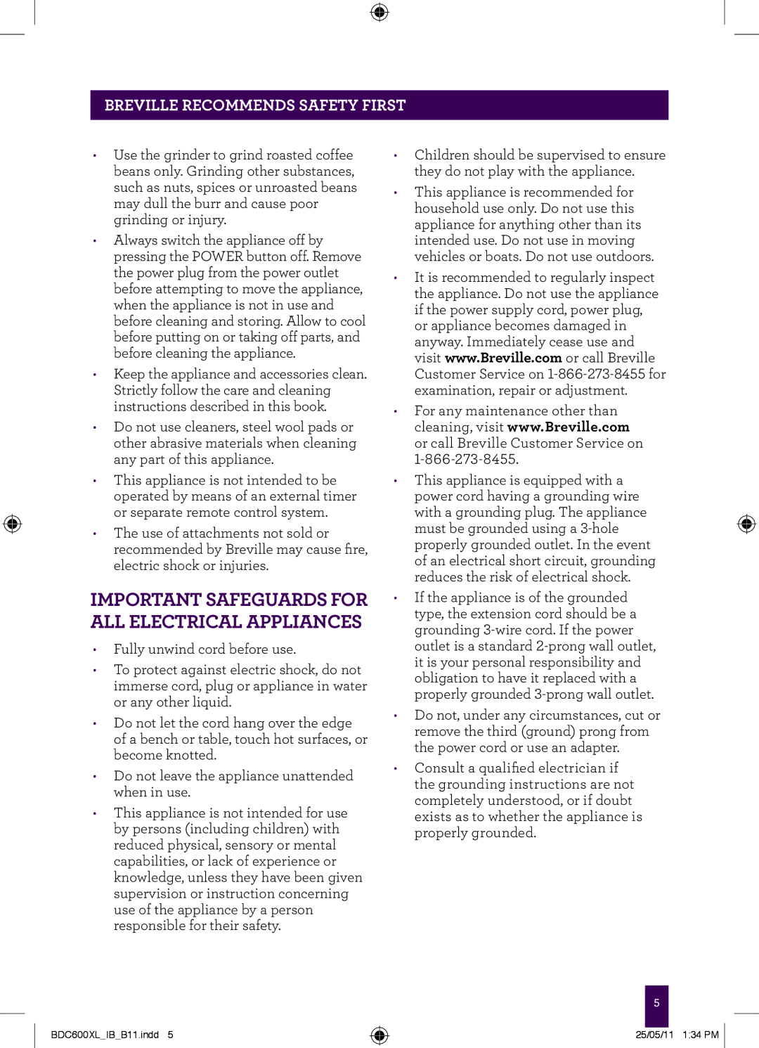 Breville BDC600XL manual Important Safeguards for ALL Electrical Appliances 