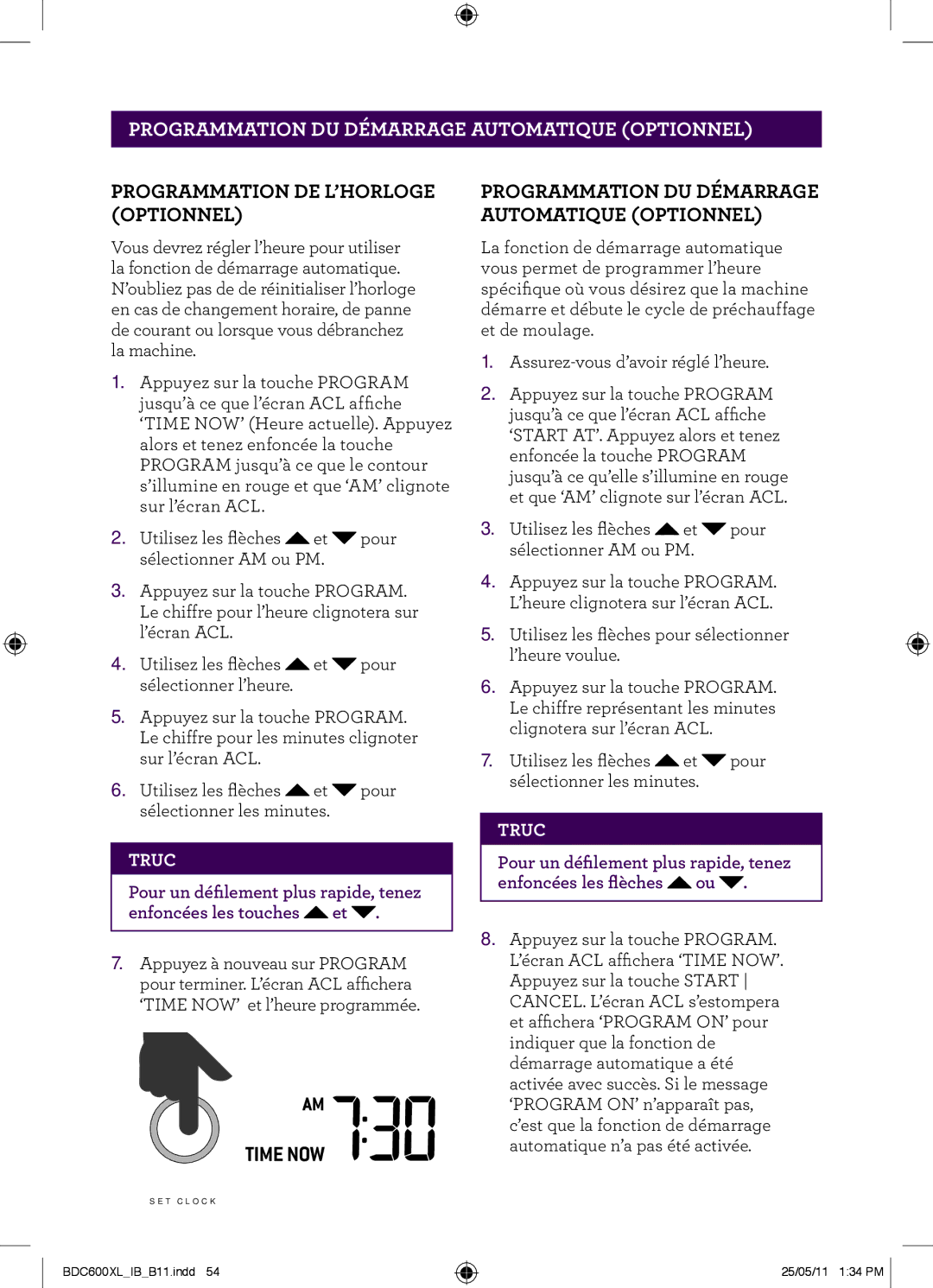 Breville BDC600XL manual Programmation DU Démarrage Automatique Optionnel, Programmation DE L’HORLOGE Optionnel 