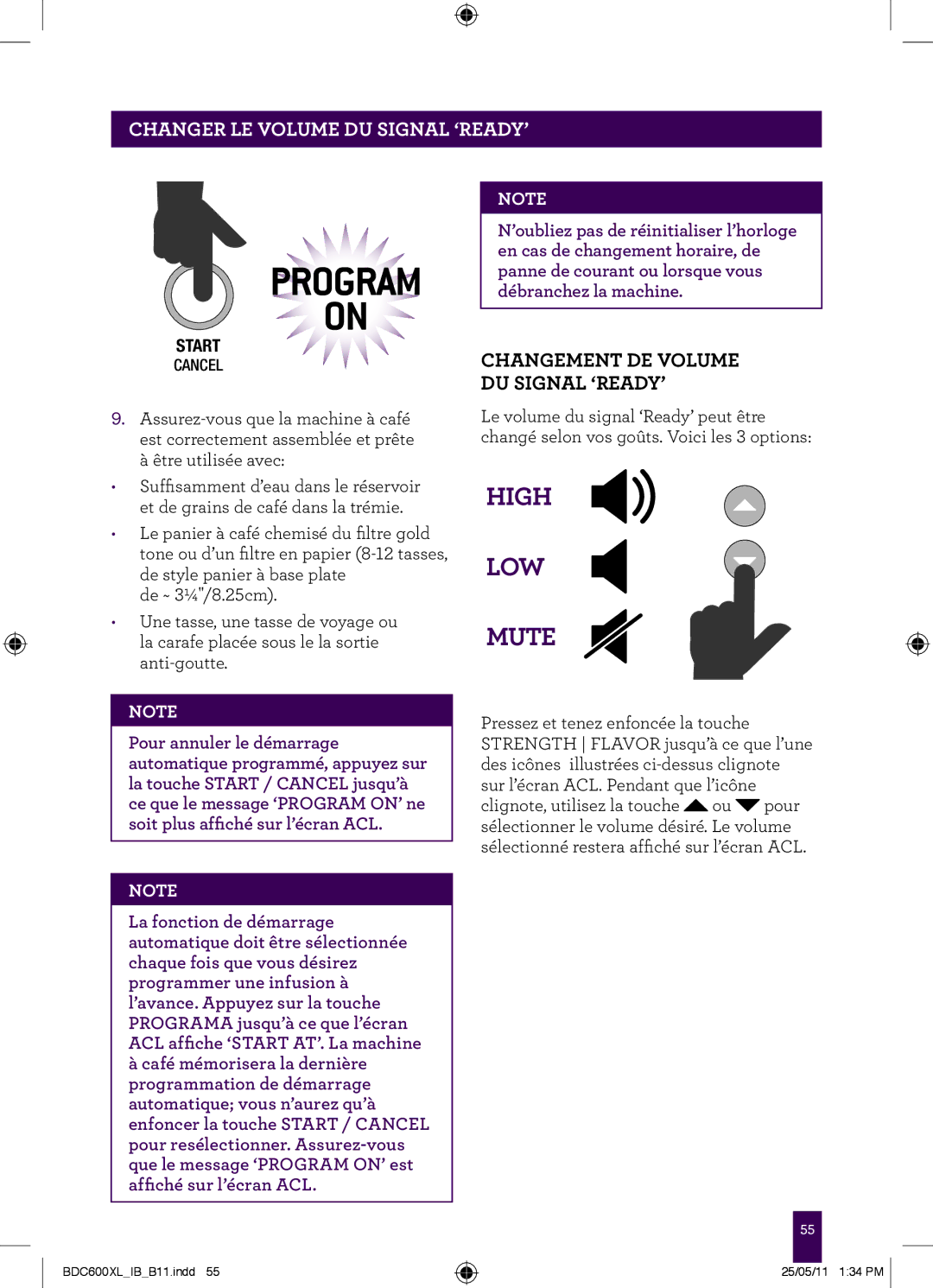 Breville BDC600XL manual Changer LE Volume DU Signal ‘READY’, Changement DE Volume DU Signal ‘READY’ 