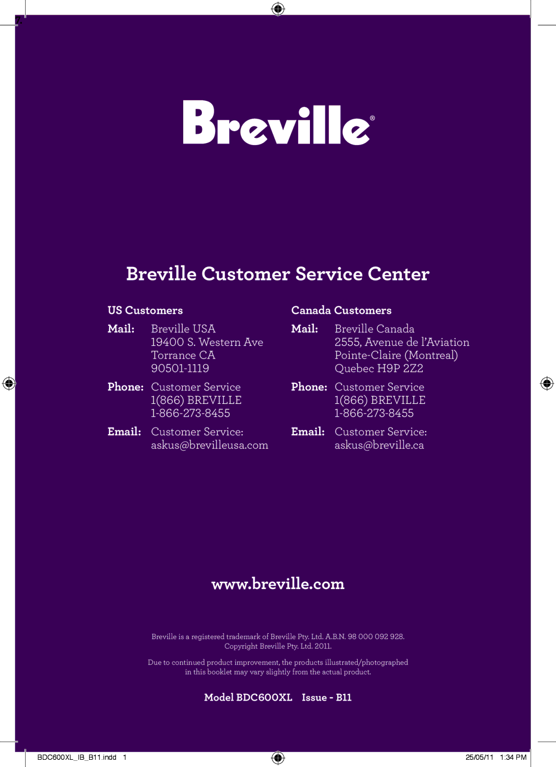 Breville BDC600XL manual Breville Customer Service Center 