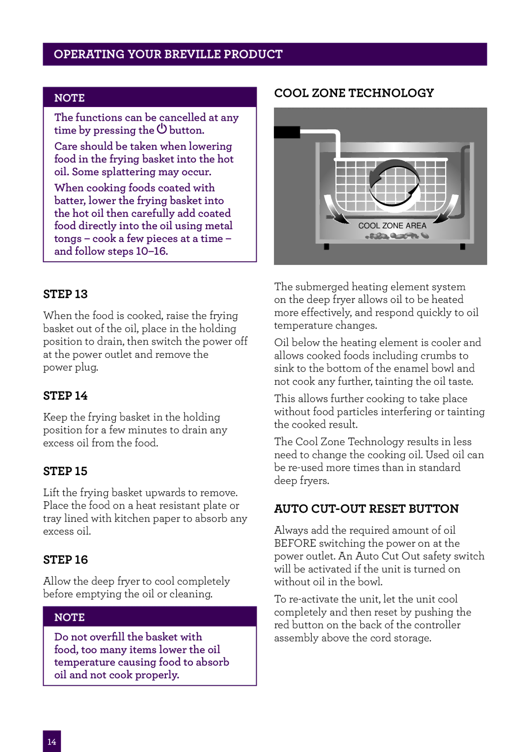 Breville BDF450XL brochure Operating Your Breville product, Cool Zone Technology, Auto Cut-Out Reset Button 