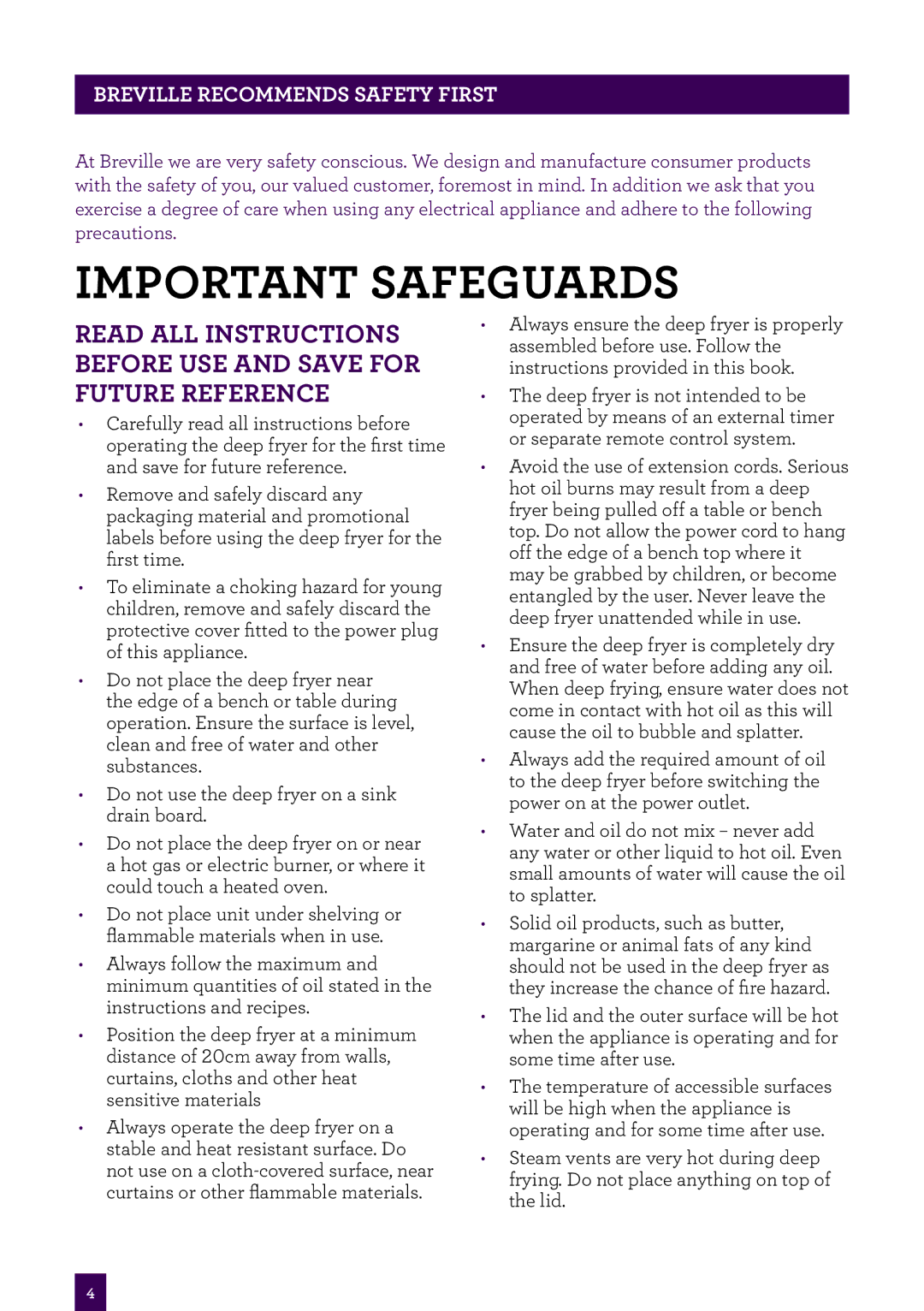 Breville BDF450XL brochure Important safeguards, Breville recommends safety first 