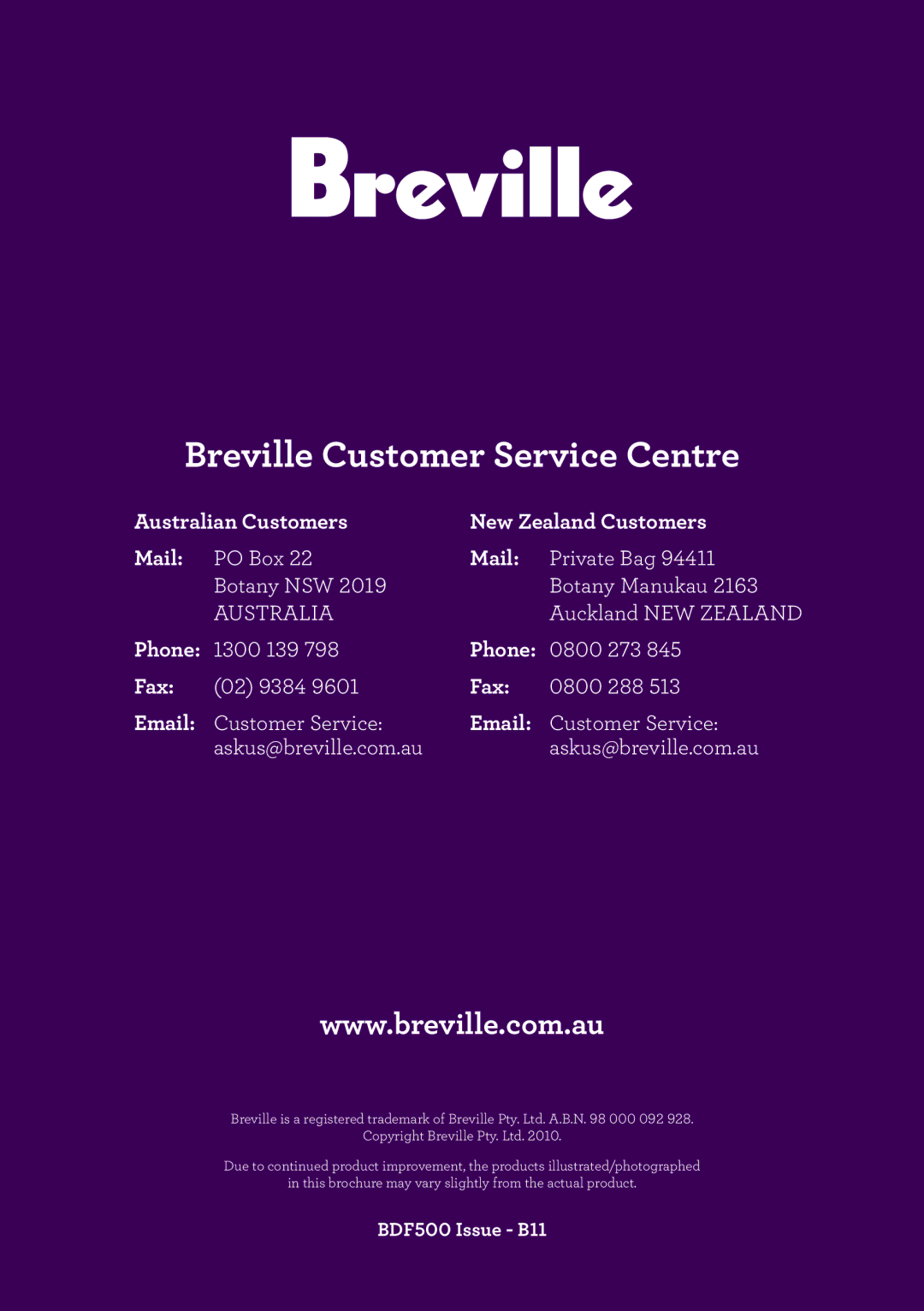 Breville BDF500 brochure Australian Customers New Zealand Customers Mail, Phone, Fax 