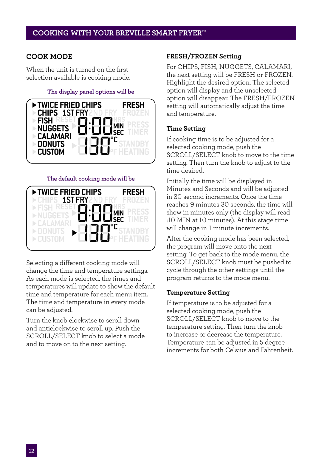 Breville BDF500 brochure PAgeCookingheaderwith.....your Breville smart fryer, FRESH/FROZEN Setting, Time Setting 