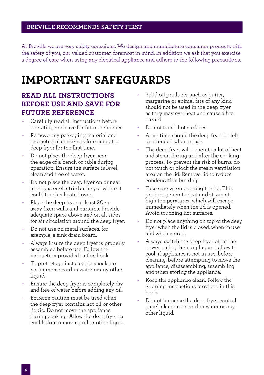 Breville BDF500 brochure Important safeguards, Breville recommends safety first 