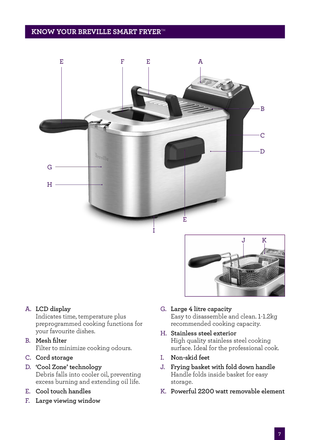 Breville BDF500 brochure Know your Breville Smart fryer, LCD display, Mesh filter, Cord storage ‘Cool Zone’ technology 