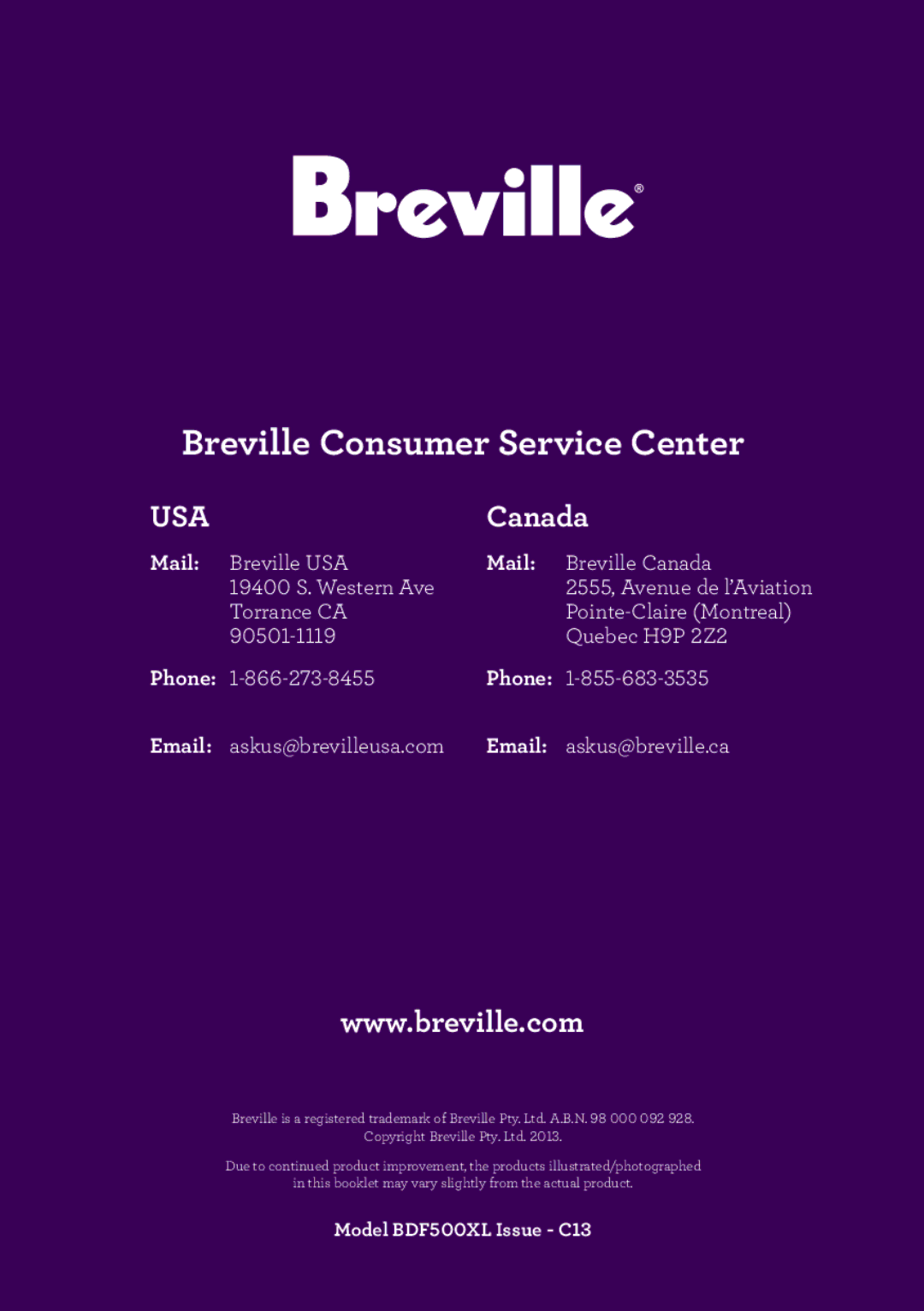 Breville BDF500XL manual Mail, Phone 