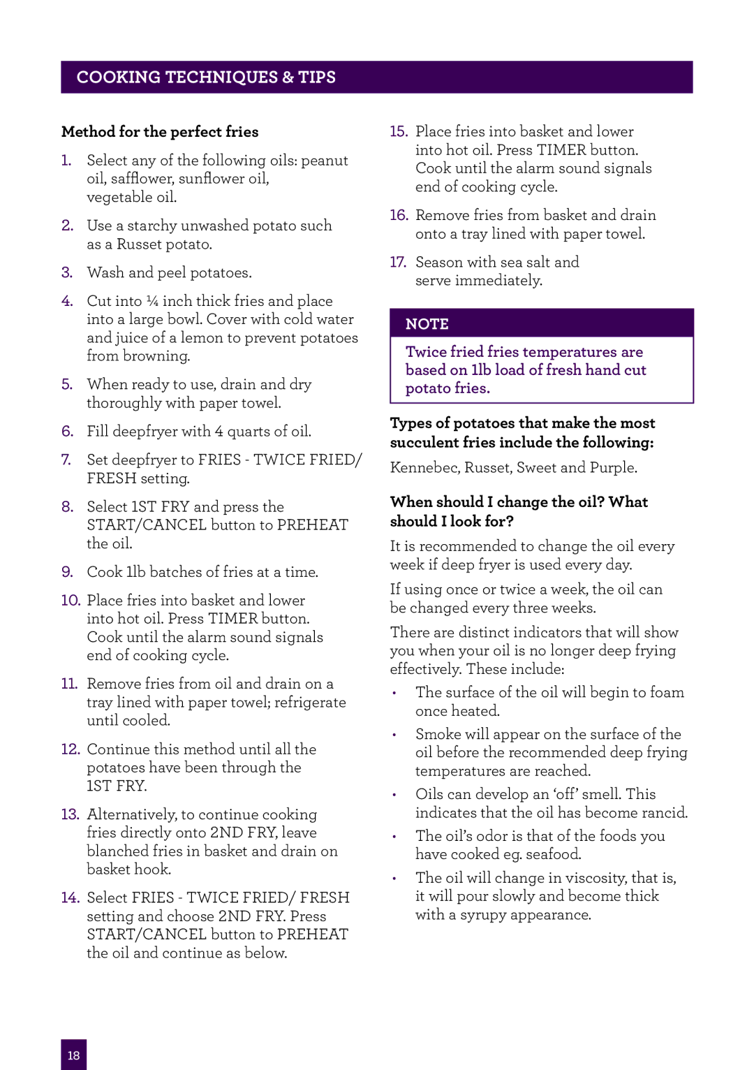 Breville BDF500XL manual Method for the perfect fries, When should I change the oil? What should I look for? 