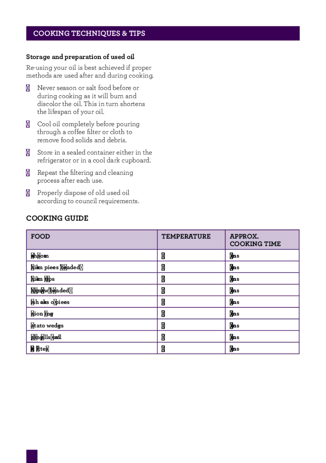 Breville BDF500XL manual CookingPAge headtechniquesr. & Tips, Cooking Guide, Storage and preparation of used oil 