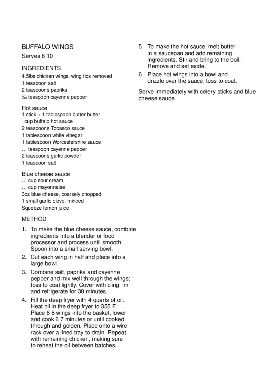 Breville BDF500XL manual Recipes, Buffalo wings, Hot sauce, Blue cheese sauce 