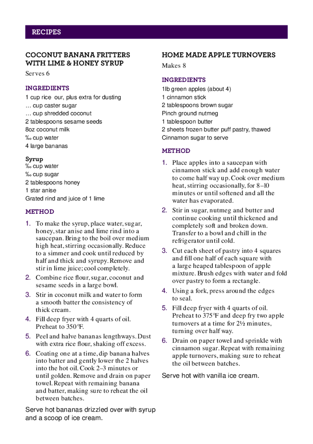 Breville BDF500XL manual Coconut banana fritters with lime & honey syrup, Home made apple turnovers, Syrup 