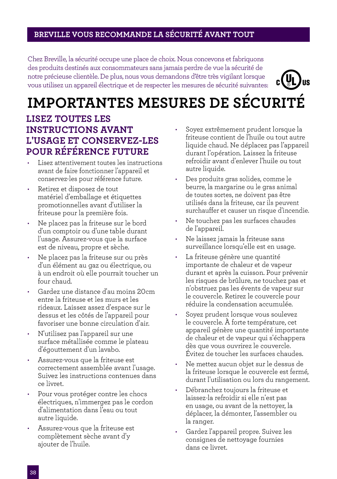 Breville BDF500XL manual Importantes Mesures DE Sécurité 