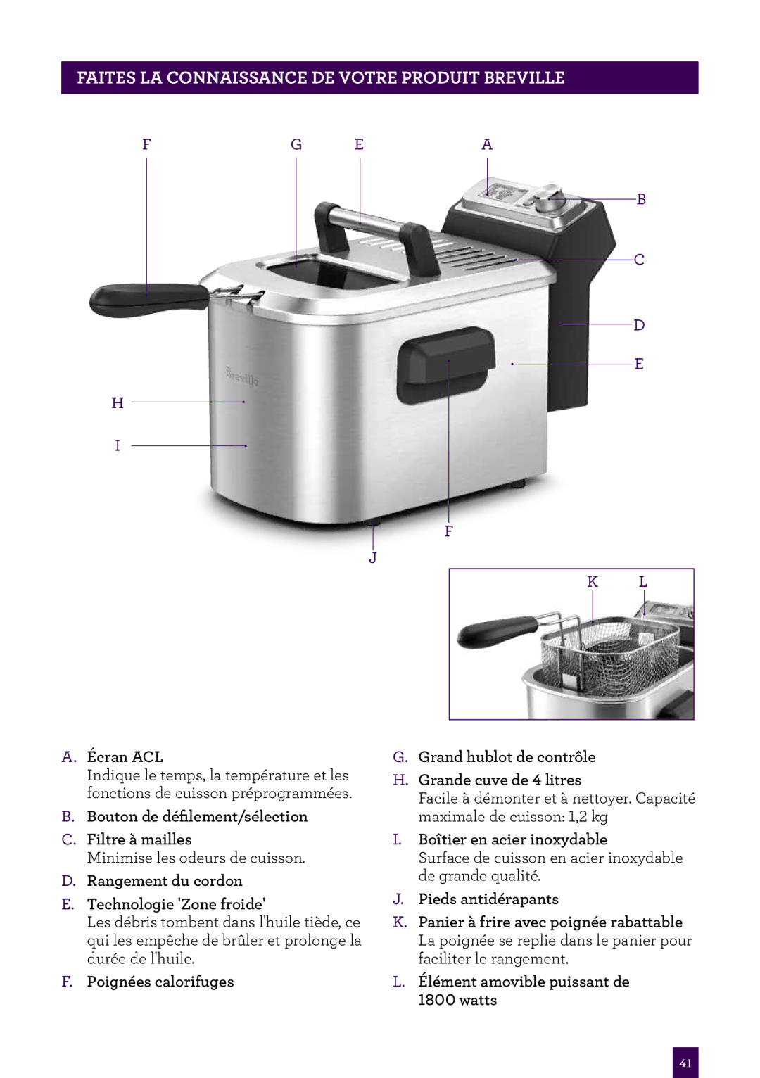 Breville BDF500XL Écran ACL, Bouton de défilement/sélection Filtre à mailles, Rangement du cordon Technologie Zone froide 