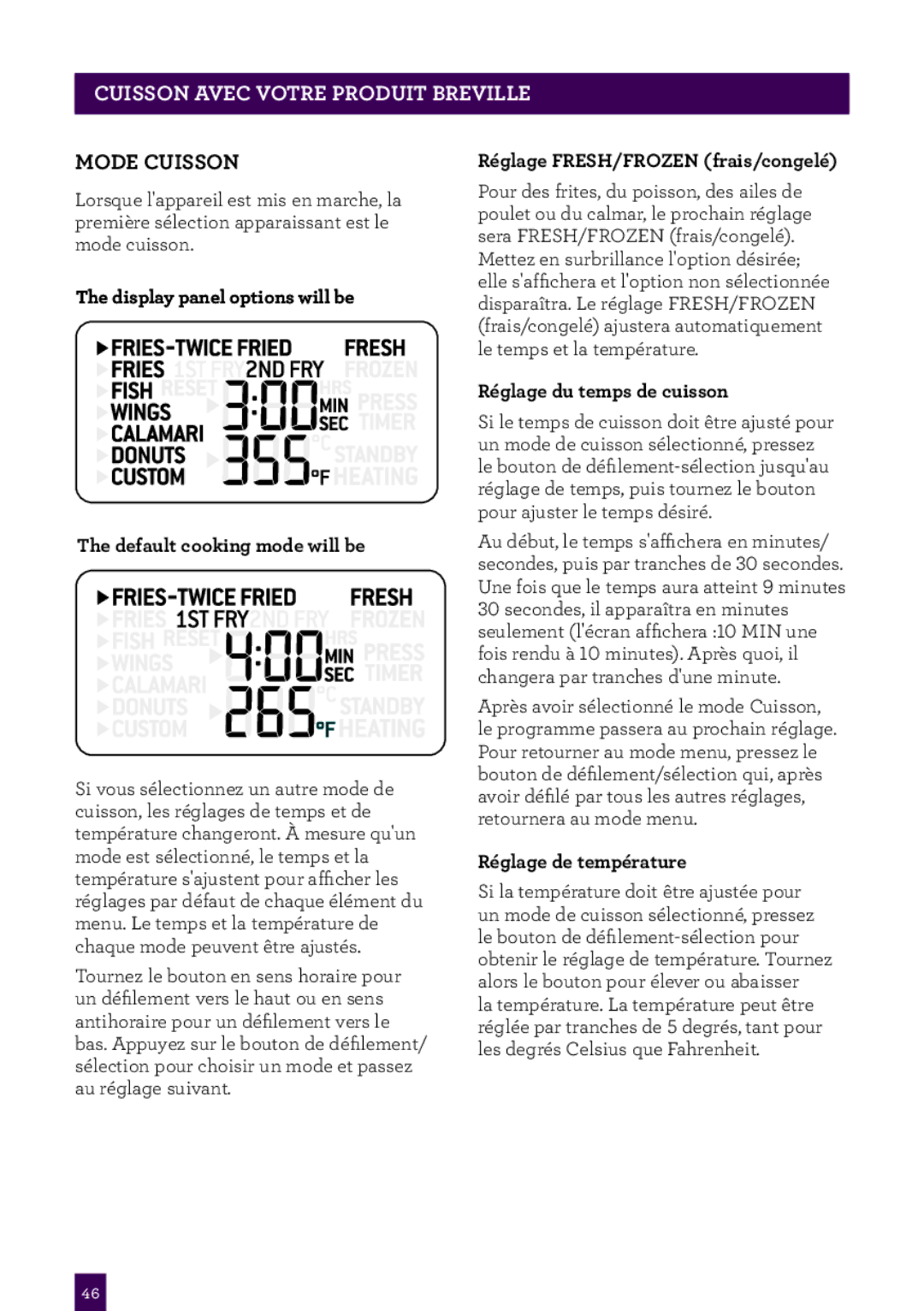 Breville BDF500XL CUISSONPAge headerAVEC.....VOTRE Produit Breville, Mode Cuisson, Réglage FRESH/FROZEN frais/congelé 