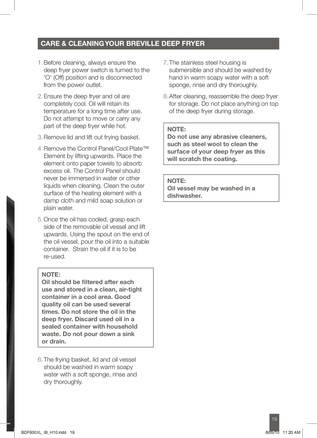 Breville BDF600XL manual Care & Cleaningyour Breville Deep fryer 