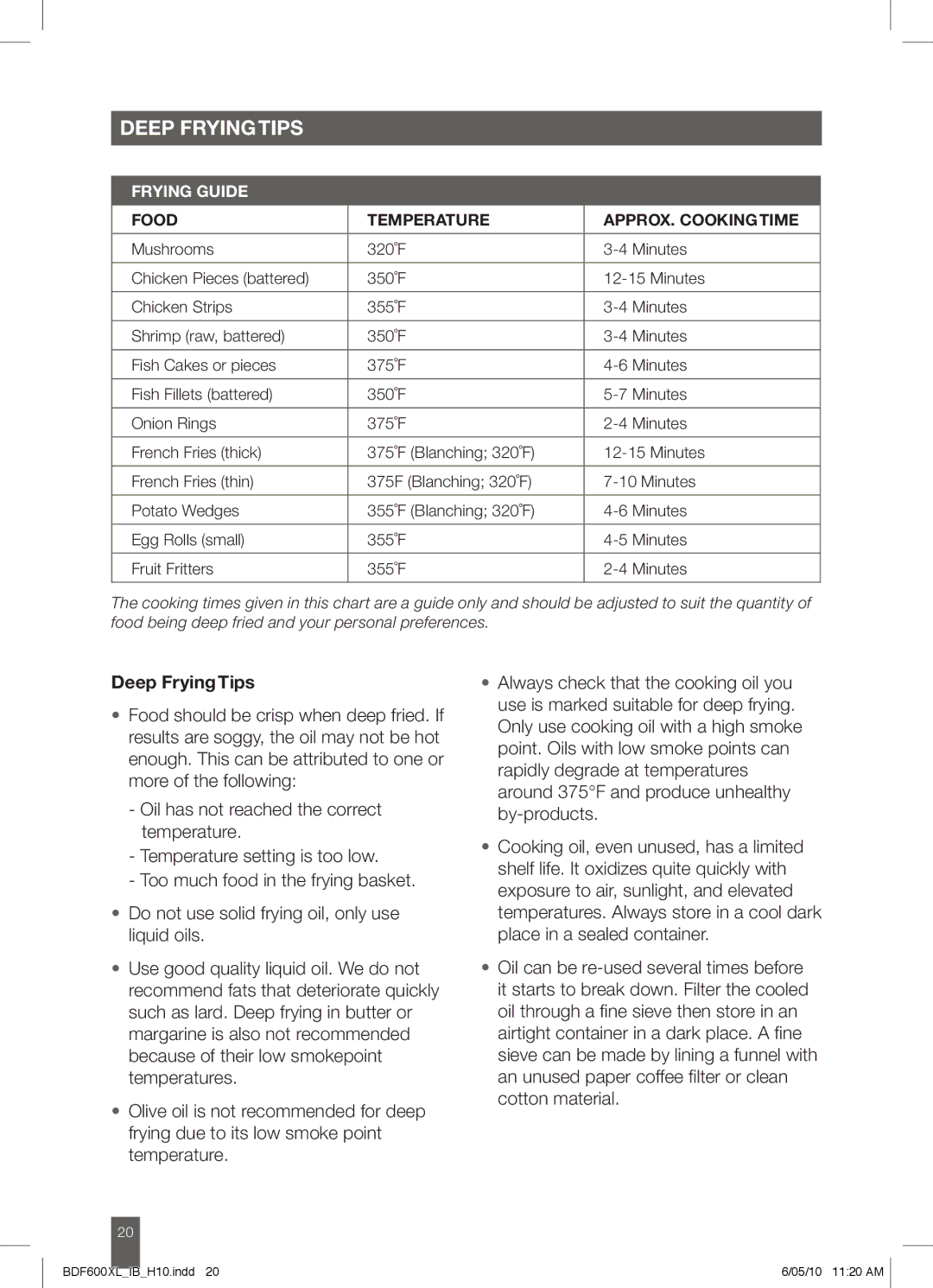 Breville BDF600XL manual Deep Fryingtips, Deep FryingTips 