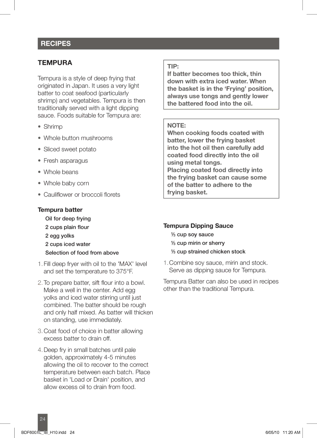 Breville BDF600XL manual Tempura batter, Tempura Dipping Sauce 