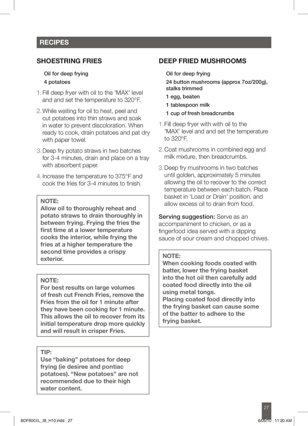 Breville BDF600XL manual Shoestring fries, Deep fried mushrooms 