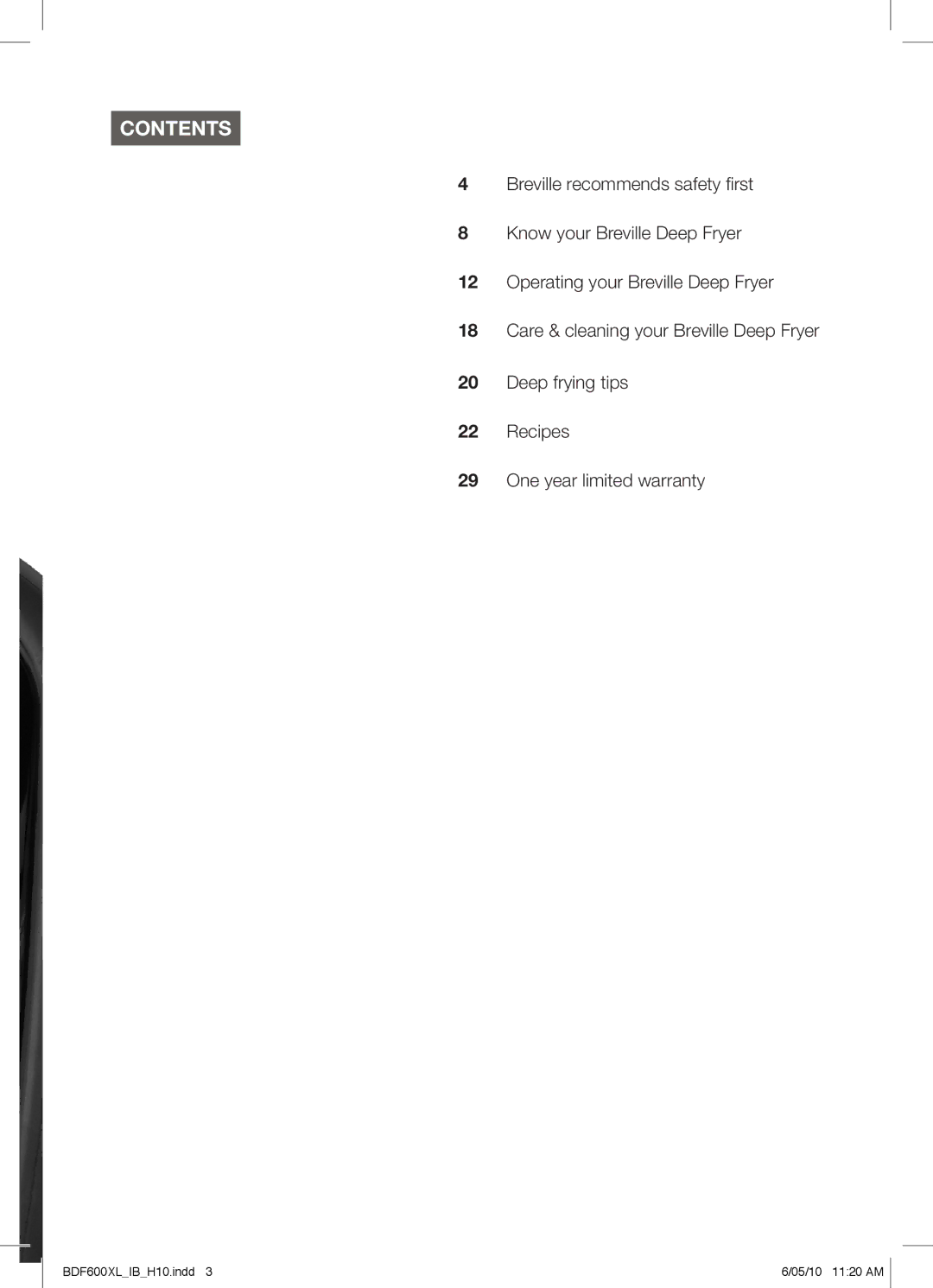 Breville BDF600XL manual Contents 